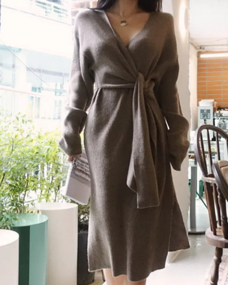 V-neck Cross Straps Long Knit Cardigan Midi Dresses - White