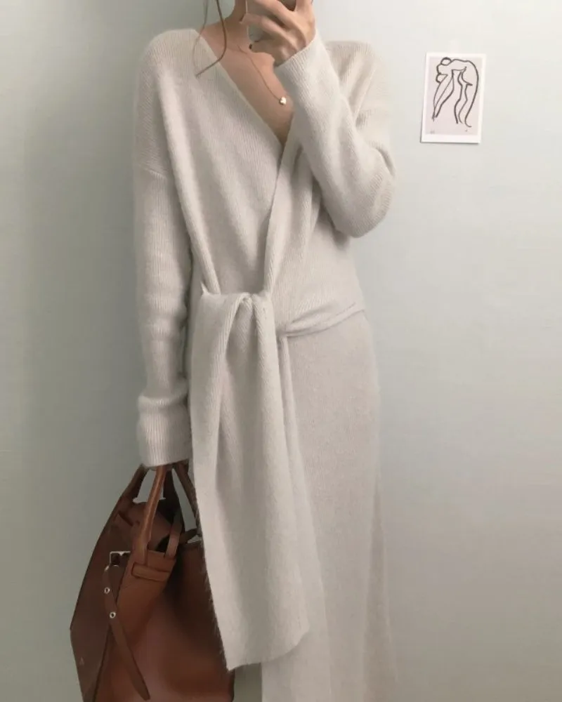 V-neck Cross Straps Long Knit Cardigan Midi Dresses - White