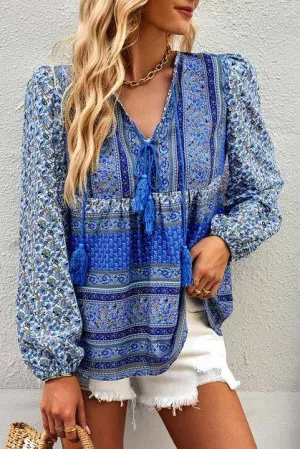 V Neck Drawstring Floral Print Loose Fit Top