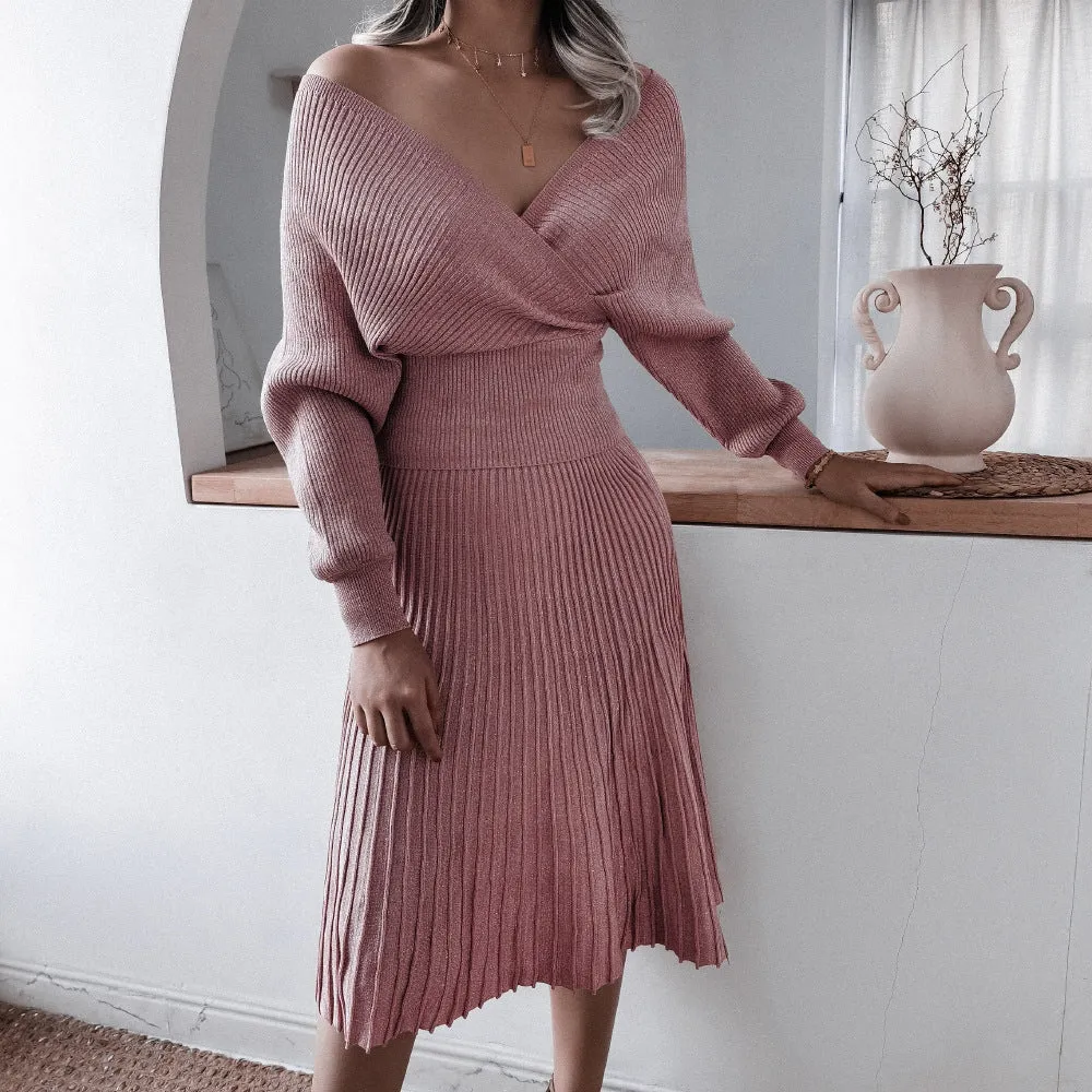 V-neck Irregular Hem Pleated Knit Sweater Midi Dresses Apricot