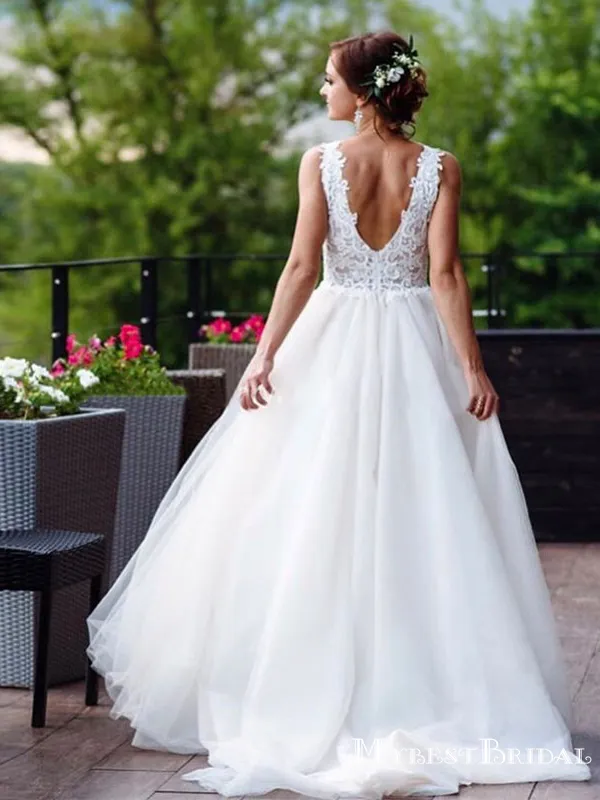 V-neck Ivory Tulle A-line Long Cheap Beach Wedding Dresses, WDS0036