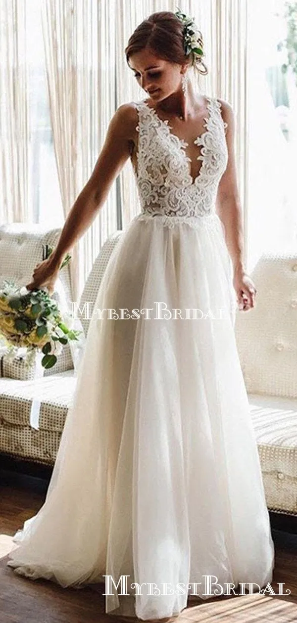V-neck Ivory Tulle A-line Long Cheap Beach Wedding Dresses, WDS0036