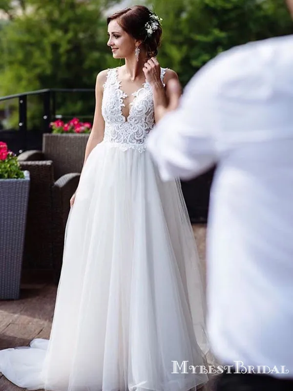 V-neck Ivory Tulle A-line Long Cheap Beach Wedding Dresses, WDS0036