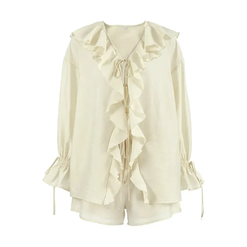 V-Neck Lotus Leaf Womens Shirt and Shorts Set - Casual Summer Outfit