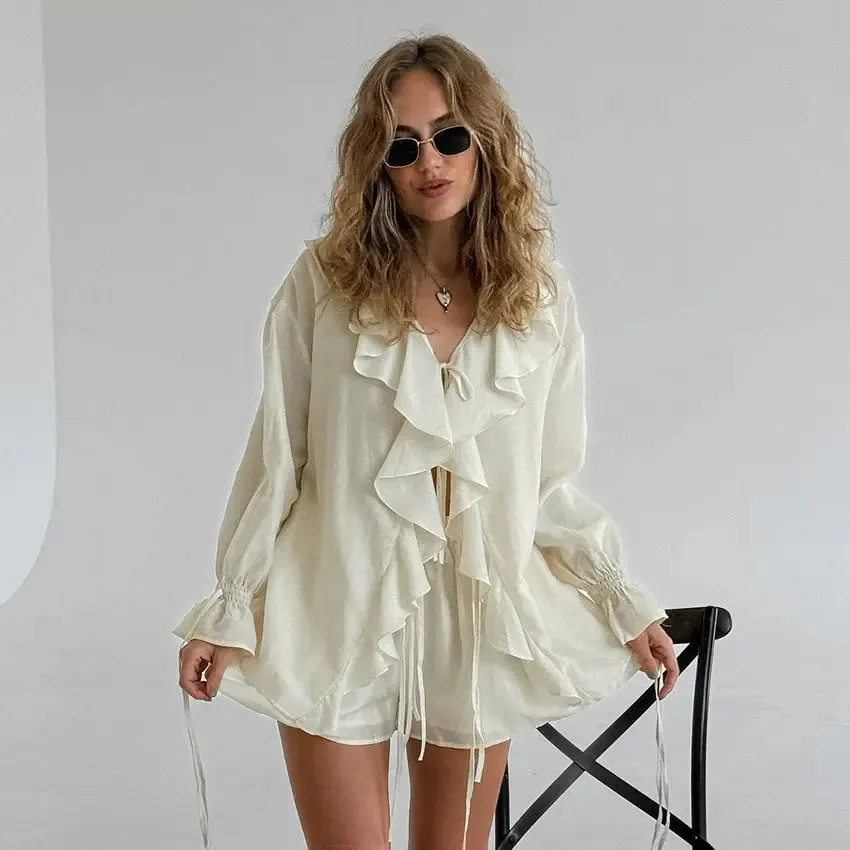 V-Neck Lotus Leaf Womens Shirt and Shorts Set - Casual Summer Outfit