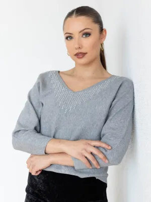 V-Neck Stone Detail Sweater