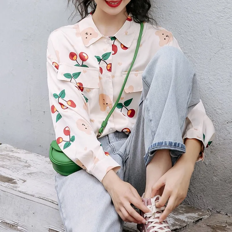 Vintage Style Cherries Long Sleeve Shirt