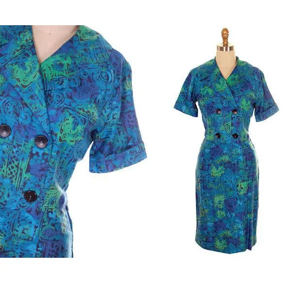 Vintage Summer Ladies Suit Blue Cotton Print 1950s Small