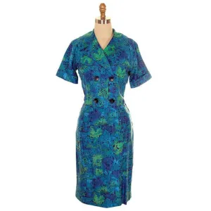 Vintage Summer Ladies Suit Blue Cotton Print 1950s Small