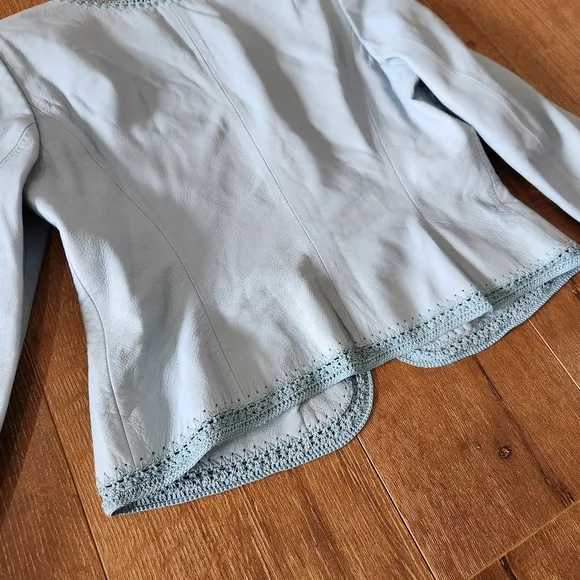 Vtg Nine West leather crochet Powder Blue Crop jacket sm retro capsule Western