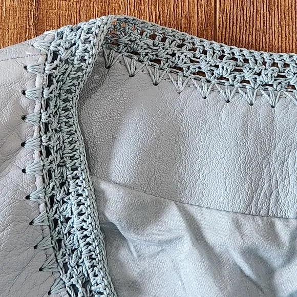 Vtg Nine West leather crochet Powder Blue Crop jacket sm retro capsule Western