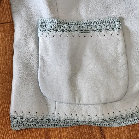 Vtg Nine West leather crochet Powder Blue Crop jacket sm retro capsule Western