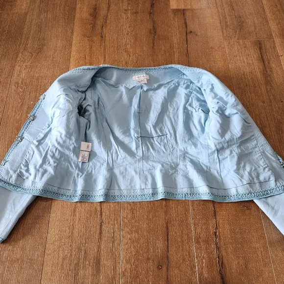 Vtg Nine West leather crochet Powder Blue Crop jacket sm retro capsule Western