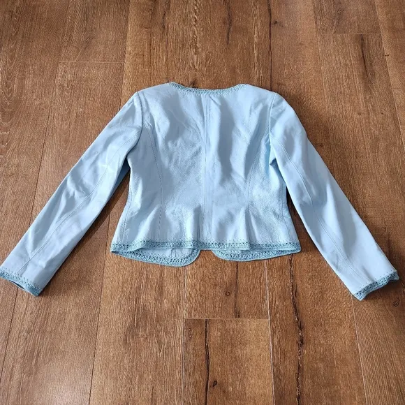 Vtg Nine West leather crochet Powder Blue Crop jacket sm retro capsule Western