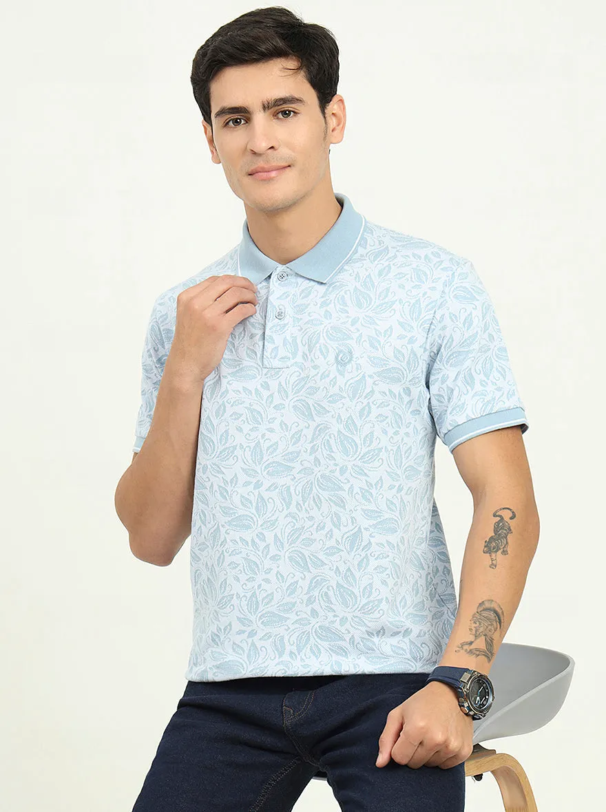 White & Blue Printed Slim Fit Polo T-Shirt | Greenfibre