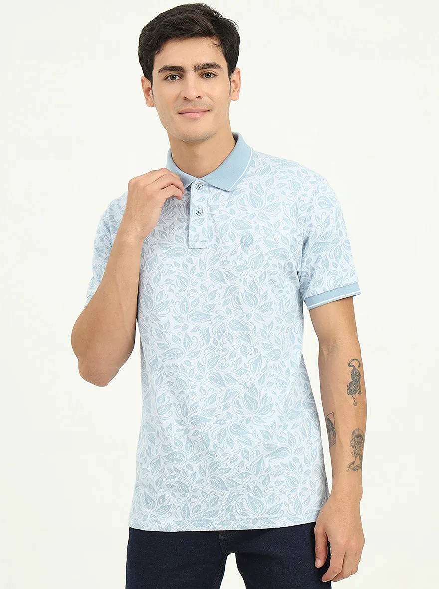 White & Blue Printed Slim Fit Polo T-Shirt | Greenfibre