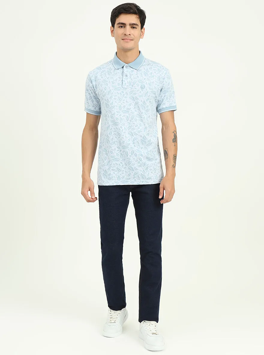 White & Blue Printed Slim Fit Polo T-Shirt | Greenfibre