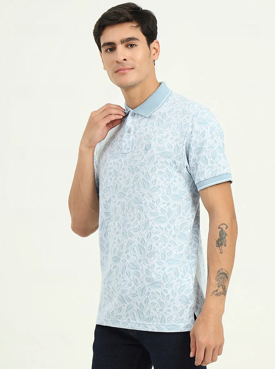 White & Blue Printed Slim Fit Polo T-Shirt | Greenfibre