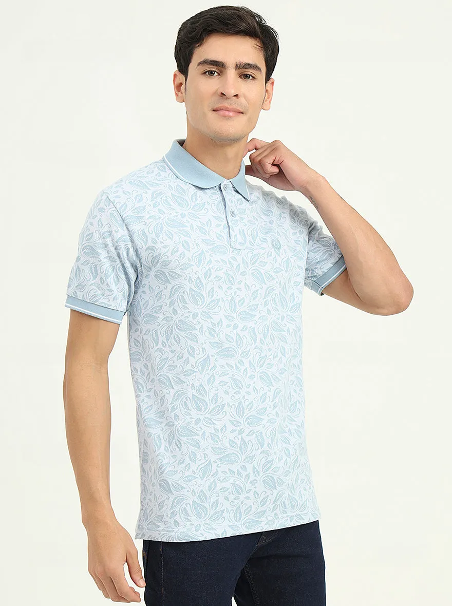 White & Blue Printed Slim Fit Polo T-Shirt | Greenfibre
