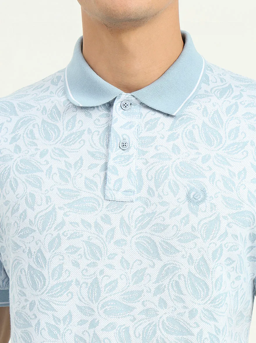 White & Blue Printed Slim Fit Polo T-Shirt | Greenfibre