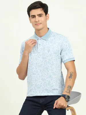 White & Blue Printed Slim Fit Polo T-Shirt | Greenfibre
