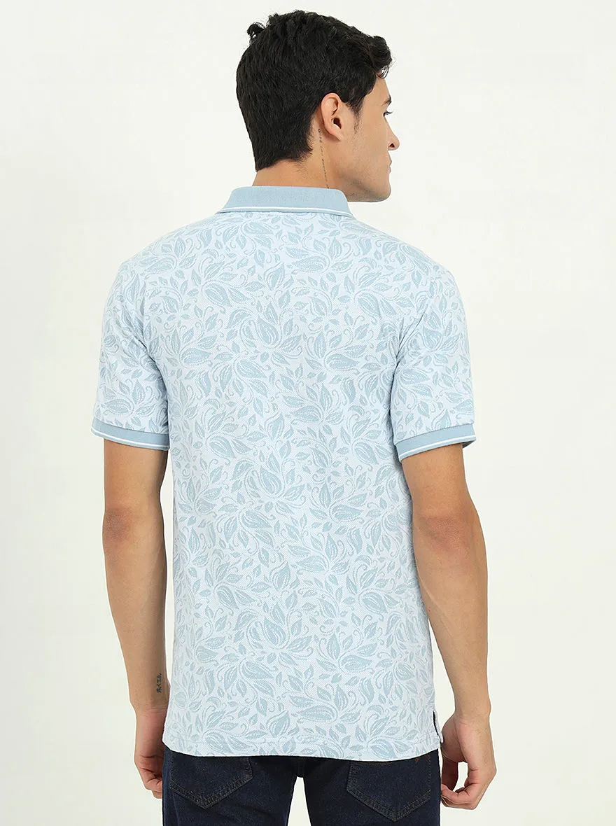 White & Blue Printed Slim Fit Polo T-Shirt | Greenfibre