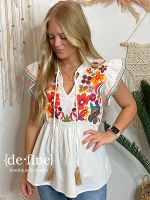 White Boho Top with Embroidered Flowers