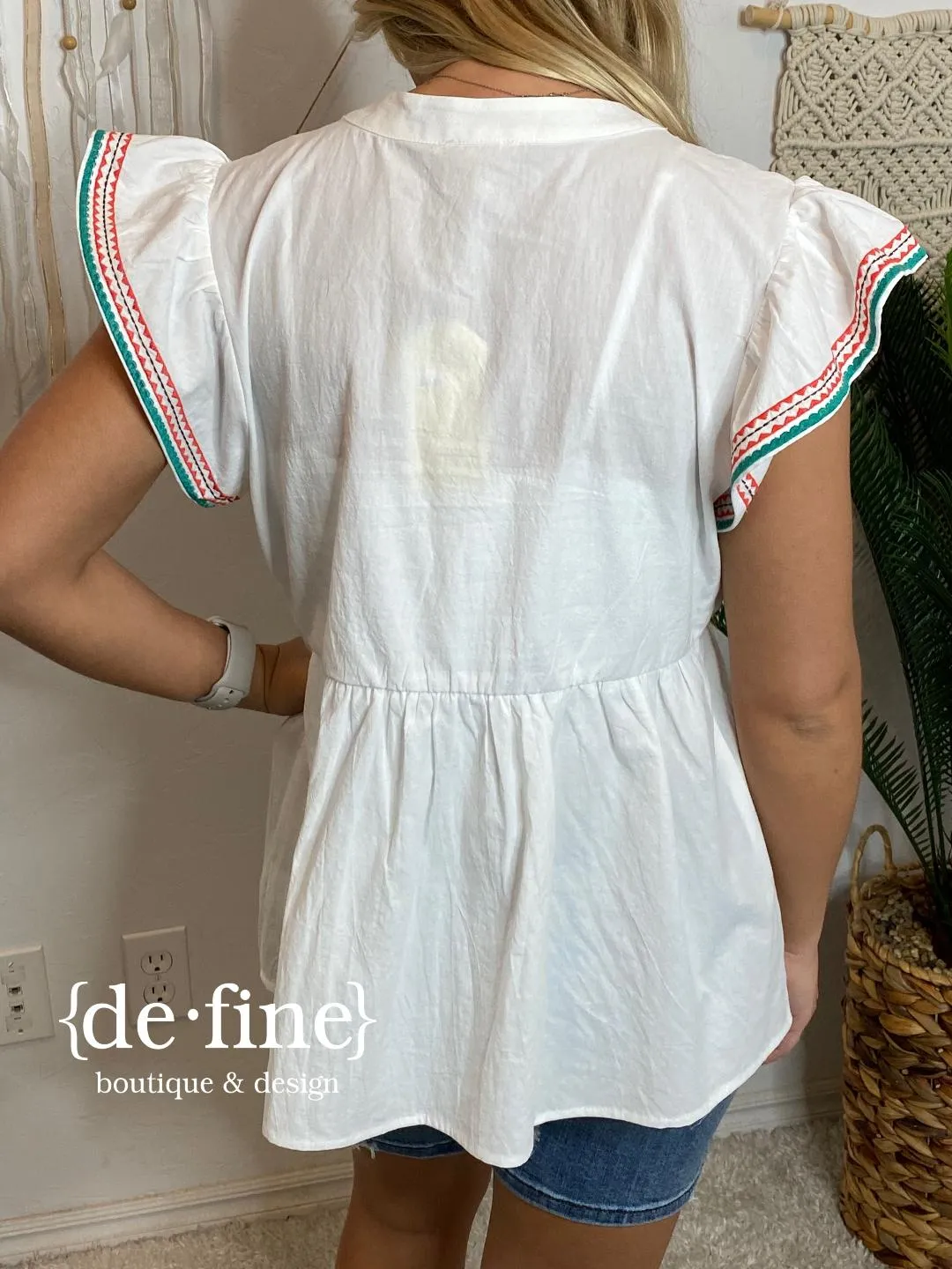 White Boho Top with Embroidered Flowers