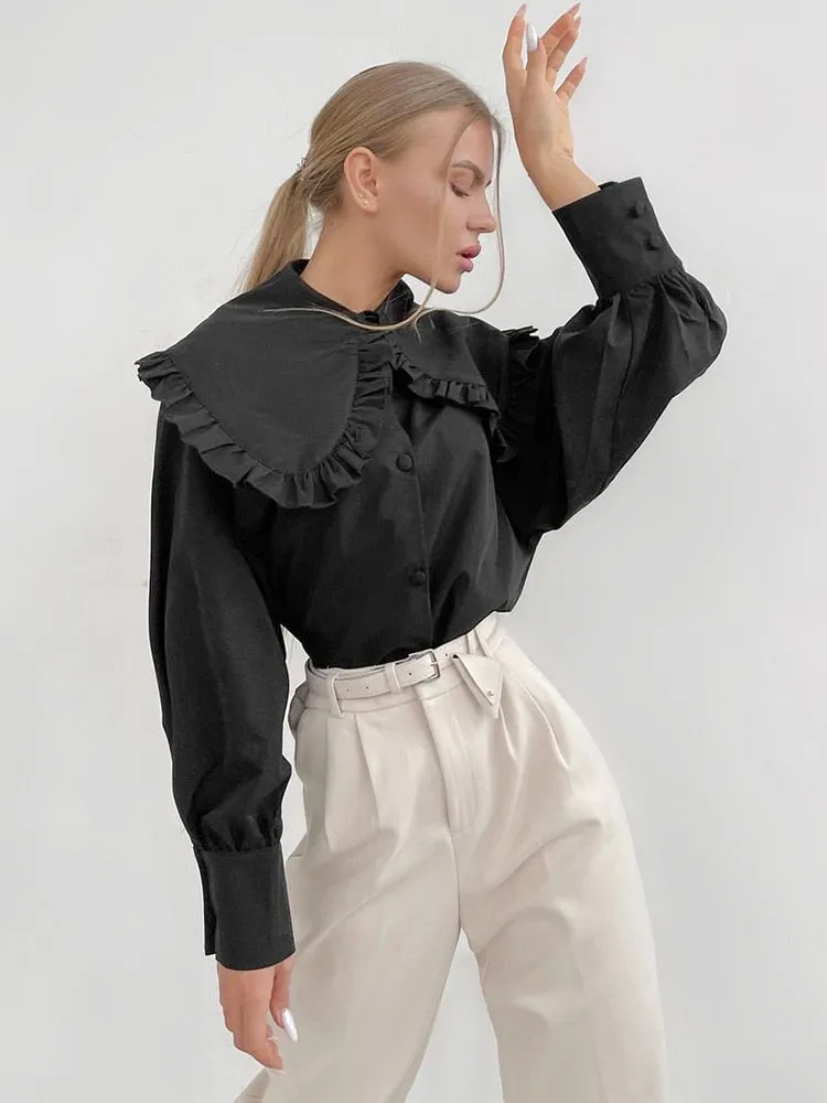 White Cotton Peter Pan Collar Ruffle Blouse for Women