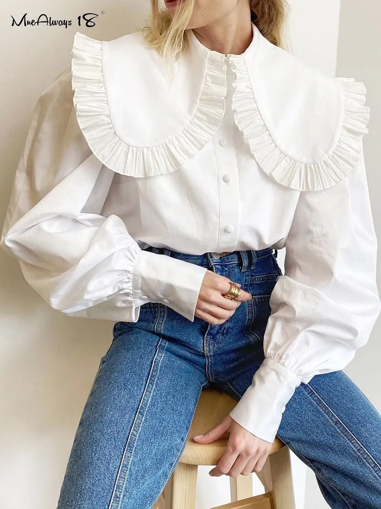 White Cotton Peter Pan Collar Ruffle Blouse for Women