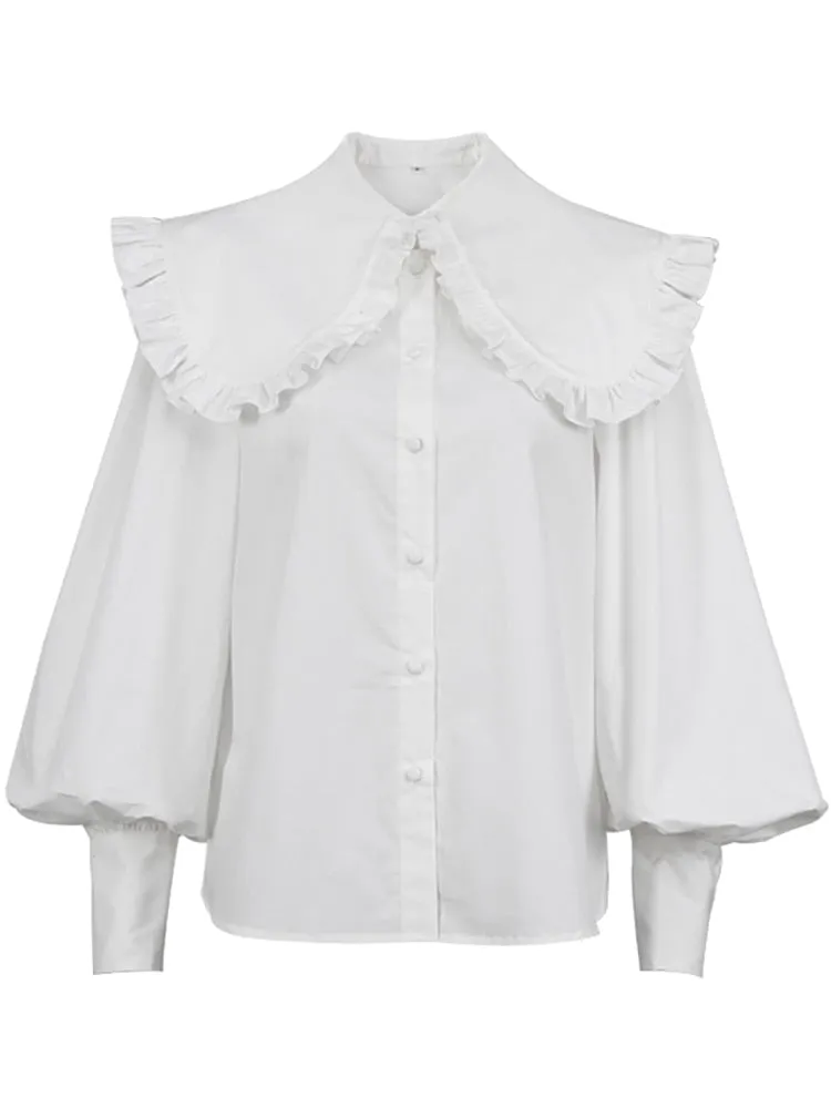White Cotton Peter Pan Collar Ruffle Blouse for Women