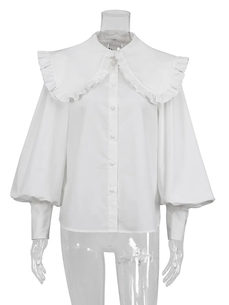 White Cotton Peter Pan Collar Ruffle Blouse for Women