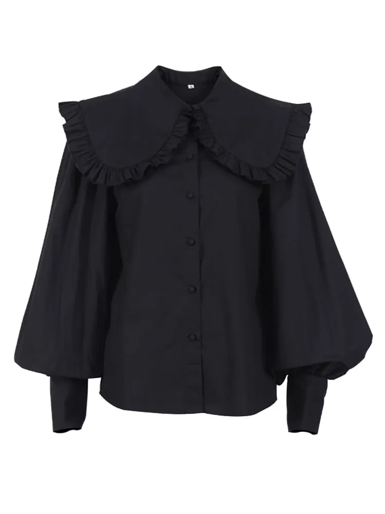White Cotton Peter Pan Collar Ruffle Blouse for Women