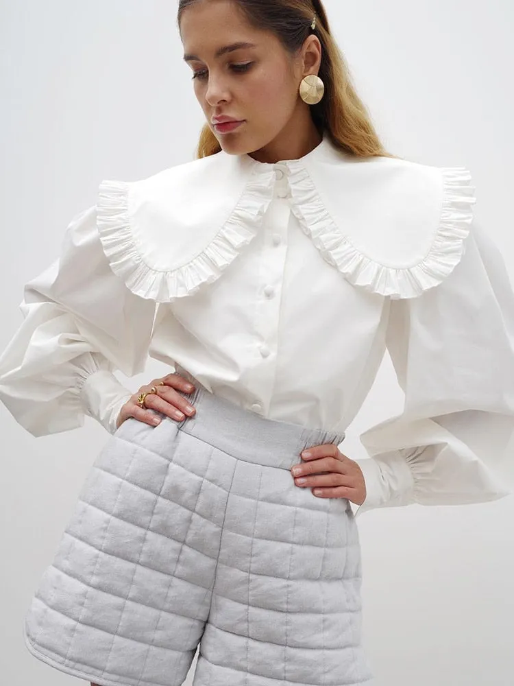 White Cotton Peter Pan Collar Ruffle Blouse for Women