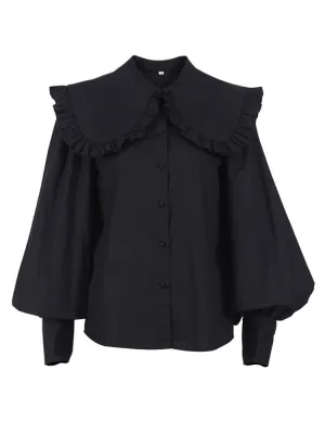 White Cotton Peter Pan Collar Ruffle Blouse for Women