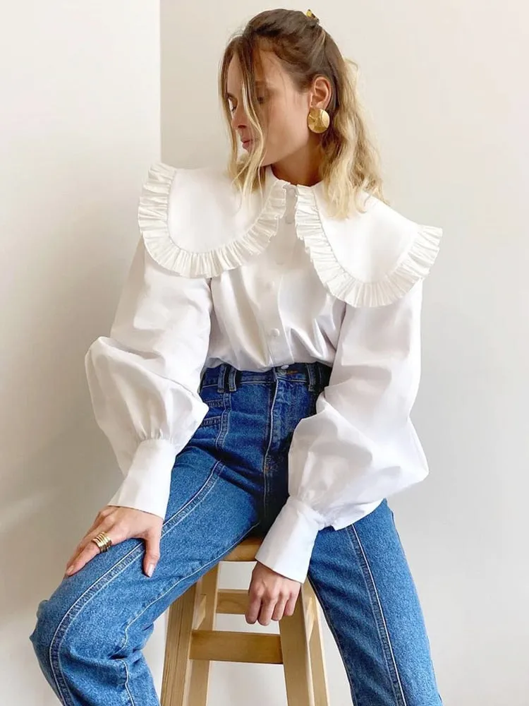 White Cotton Peter Pan Collar Ruffle Blouse for Women