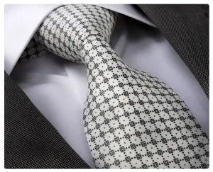 White Doted Checkers Designer Silk Floral Necktie with Matching Cufflinks & Pocket Square Set for Men