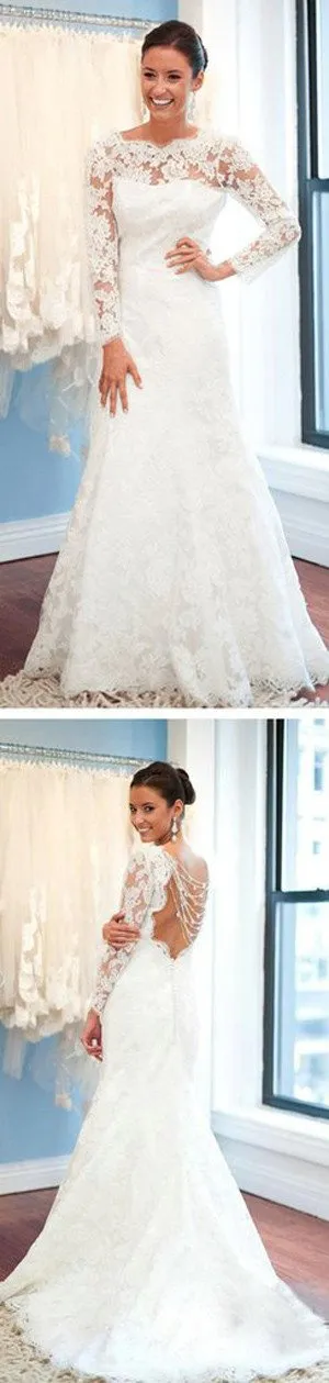White Long Sleeve Lace Round Neck Backless Mermaid Wedding Dresses, MW242