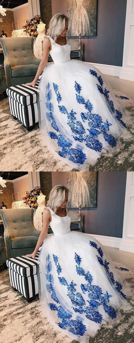 White Scoop Tulle Blue Lace Long Prom Dress, Formal Evening Dresses OKE27