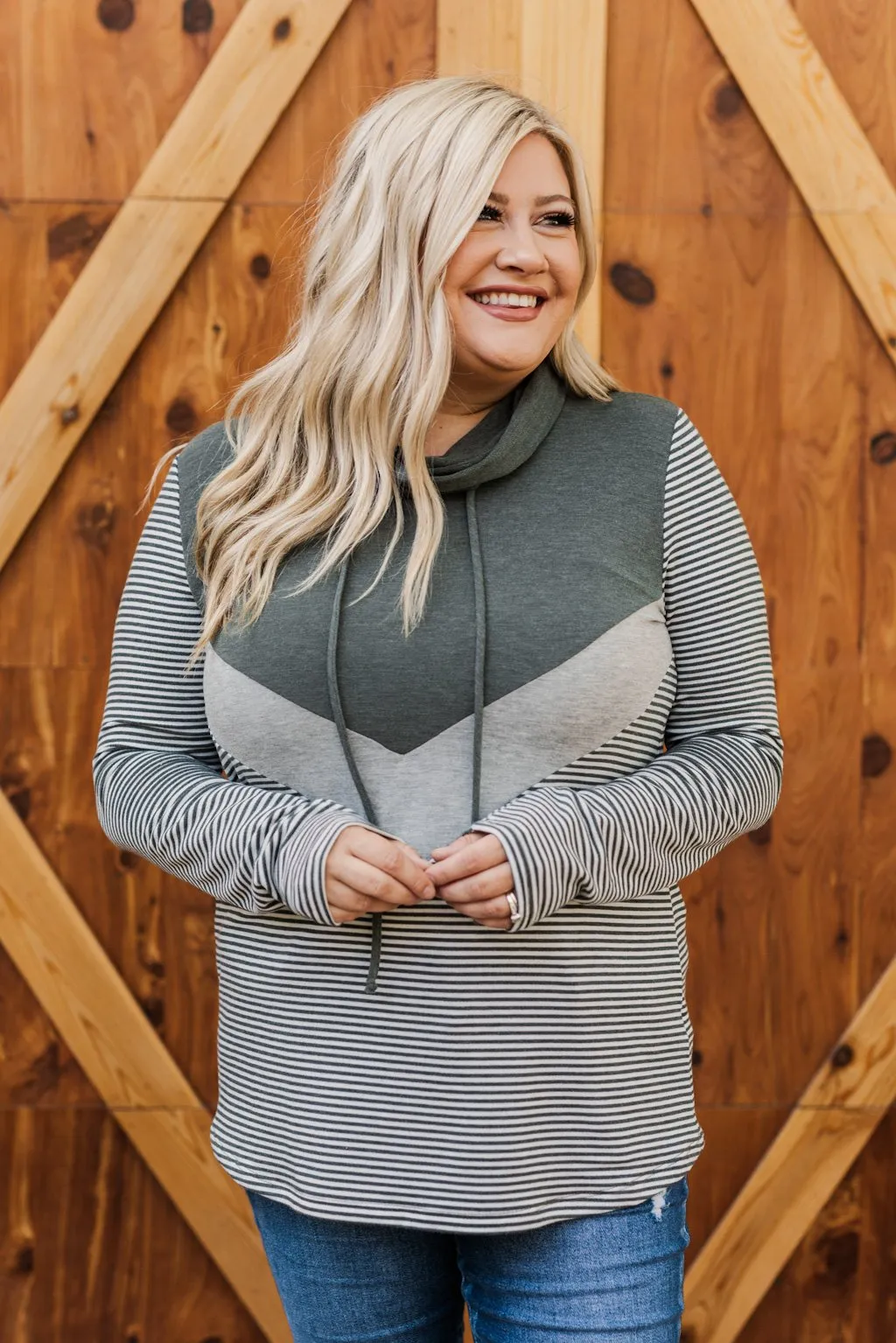 Wild Beauty Cowl Neck Color Block- Olive, Grey & Ivory