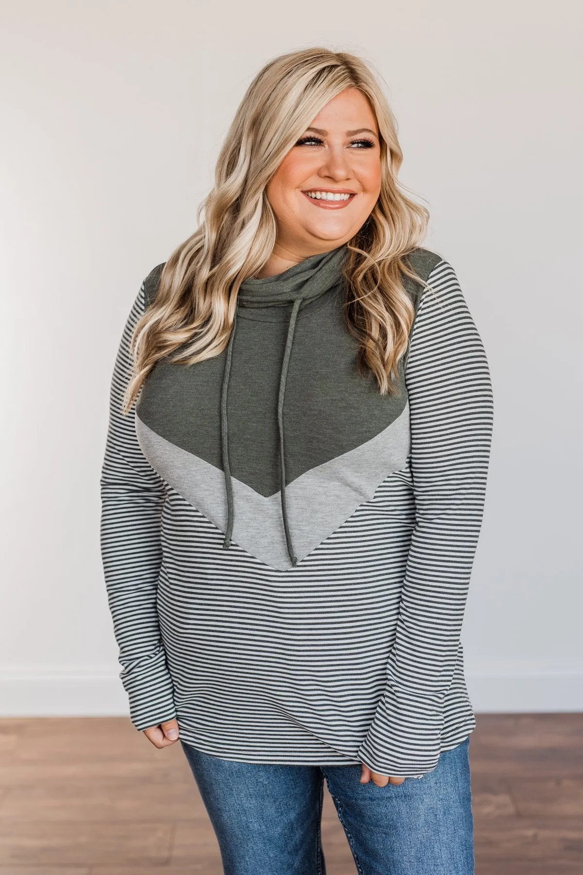 Wild Beauty Cowl Neck Color Block- Olive, Grey & Ivory