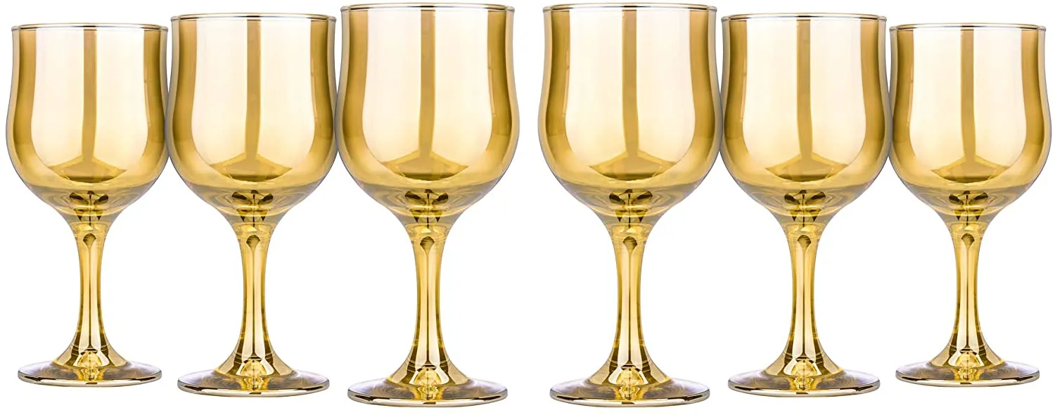 Wine Stemmed Glasses Set 10.5 Oz Modern Crystal Glassware Gold 'Honey' Set of 6