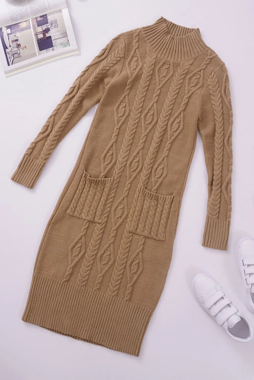 Winter Brown High Neck Textured Bodycon Sweater Dress