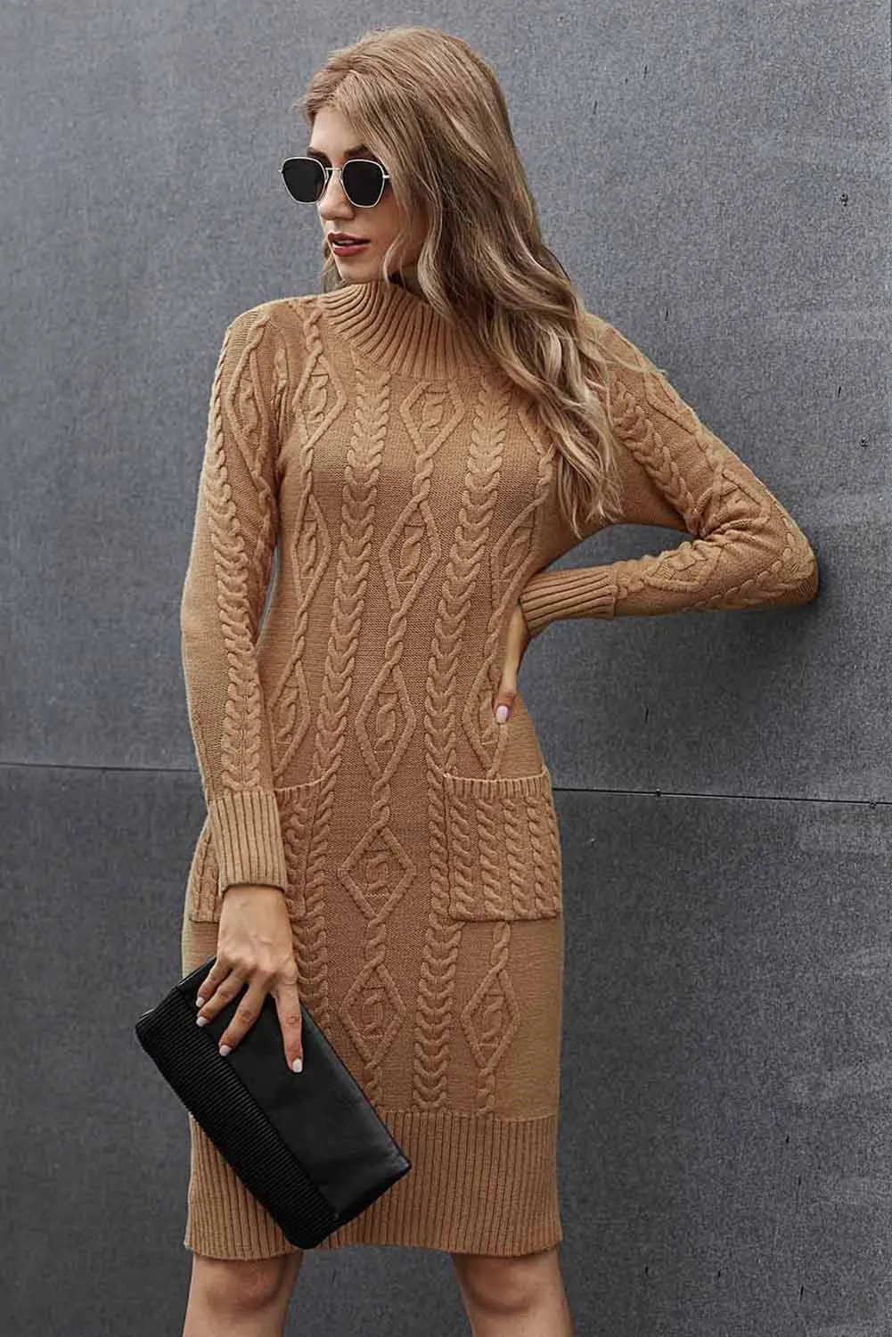 Winter Brown High Neck Textured Bodycon Sweater Dress