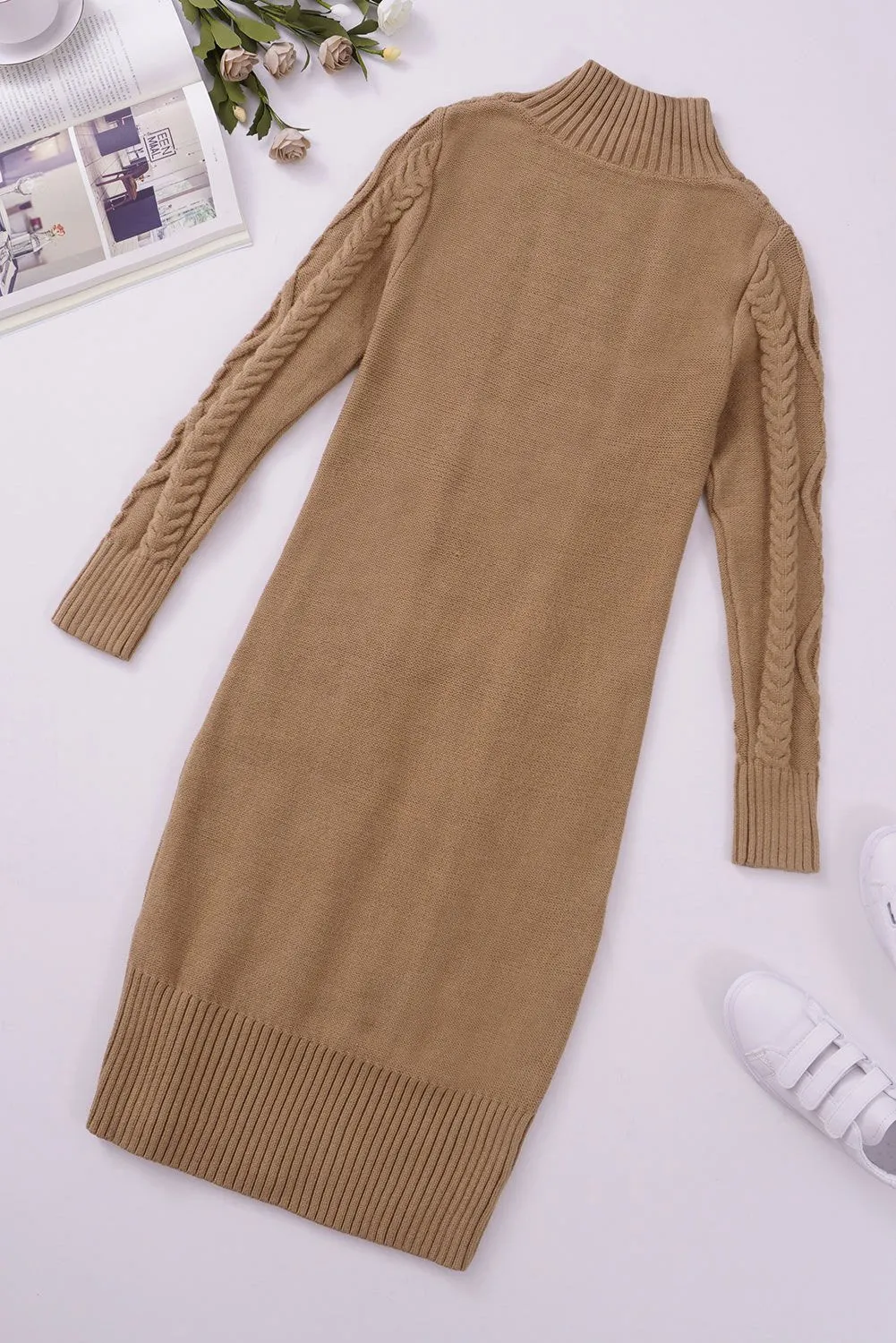 Winter Brown High Neck Textured Bodycon Sweater Dress