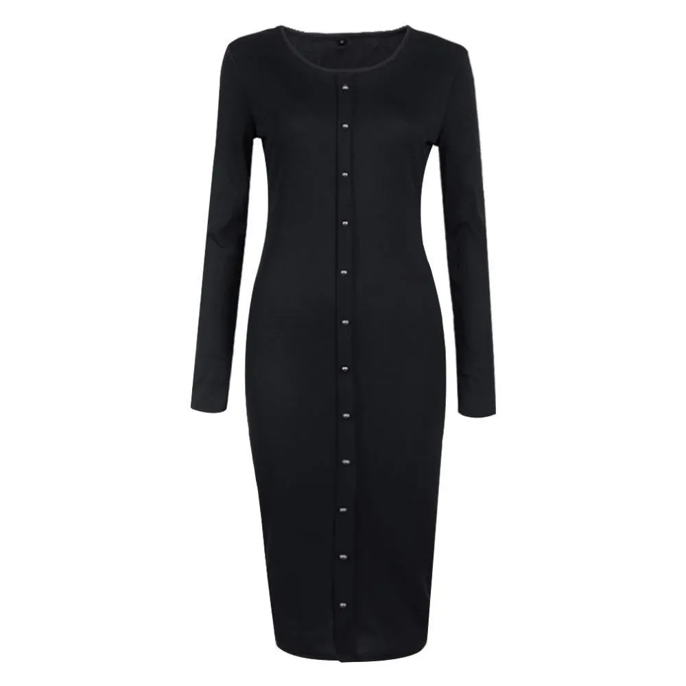 Women Spring Autumn Button Knit Long Sleeves Bandage Dress Solid Long Bodycon Sweater Dress Package Hip Long Dress Vestidos