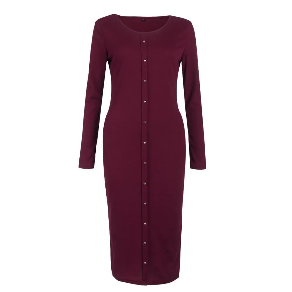 Women Spring Autumn Button Knit Long Sleeves Bandage Dress Solid Long Bodycon Sweater Dress Package Hip Long Dress Vestidos