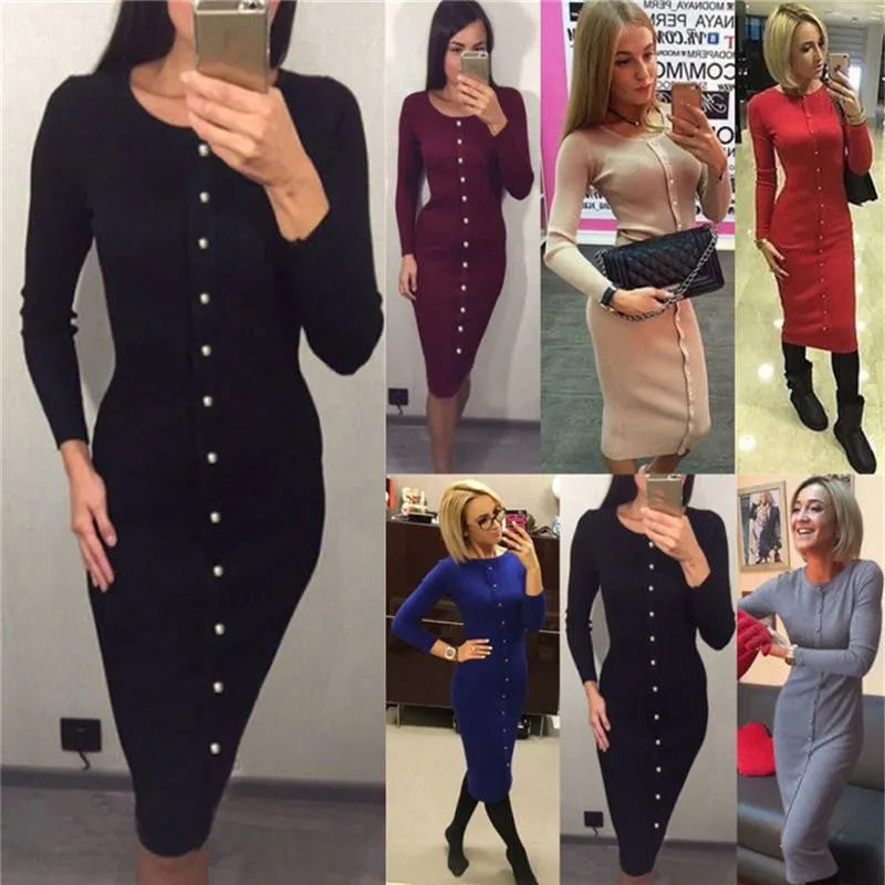 Women Spring Autumn Button Knit Long Sleeves Bandage Dress Solid Long Bodycon Sweater Dress Package Hip Long Dress Vestidos