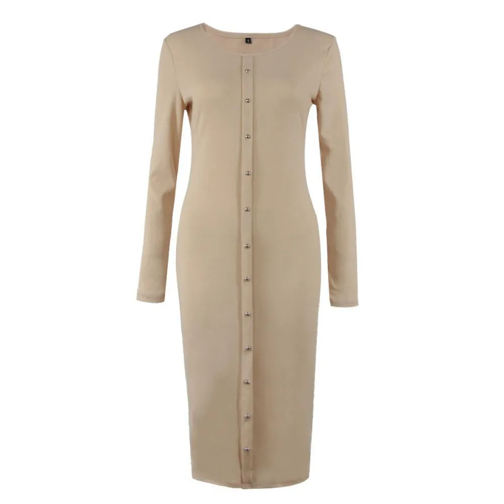 Women Spring Autumn Button Knit Long Sleeves Bandage Dress Solid Long Bodycon Sweater Dress Package Hip Long Dress Vestidos