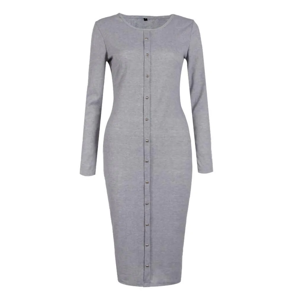 Women Spring Autumn Button Knit Long Sleeves Bandage Dress Solid Long Bodycon Sweater Dress Package Hip Long Dress Vestidos